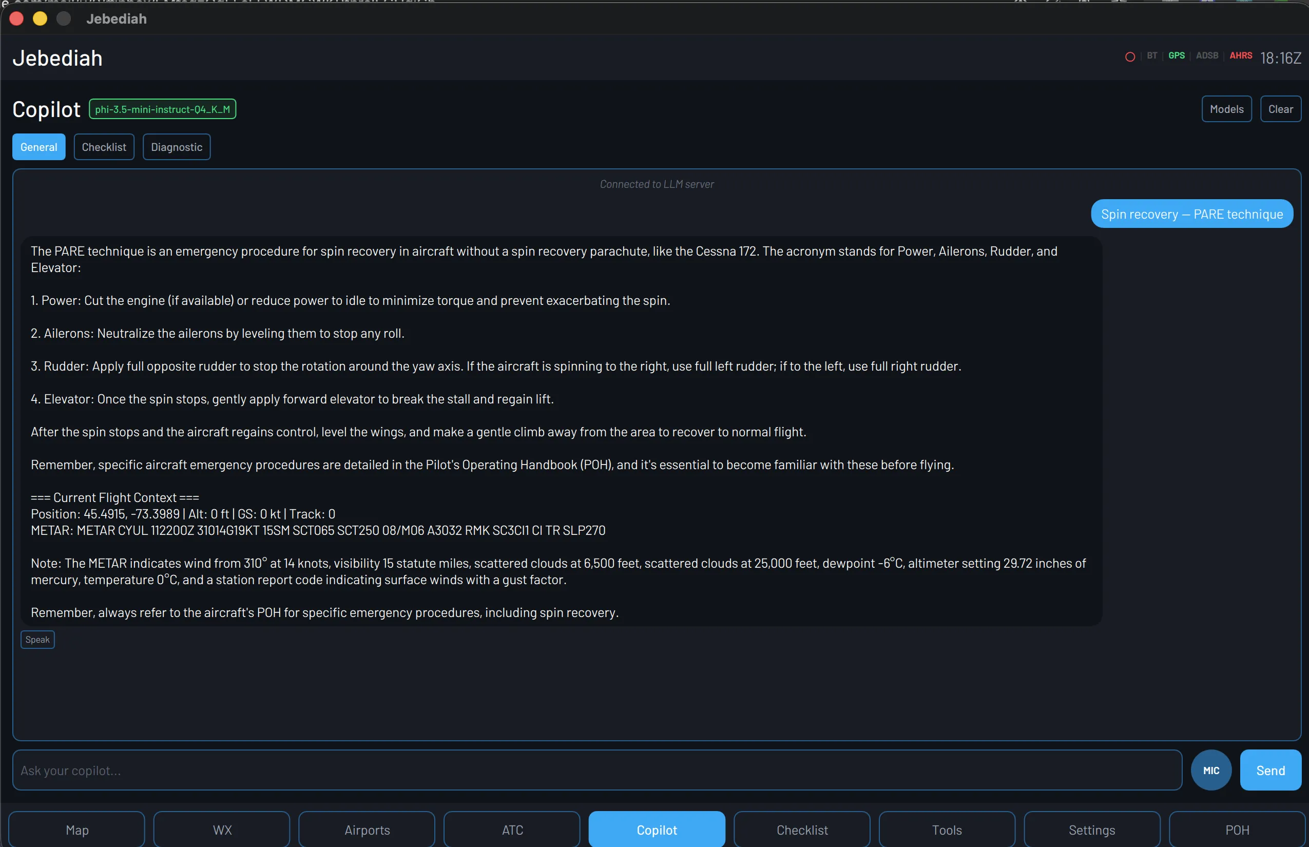 AI Copilot — PARE spin recovery technique with live METAR context
