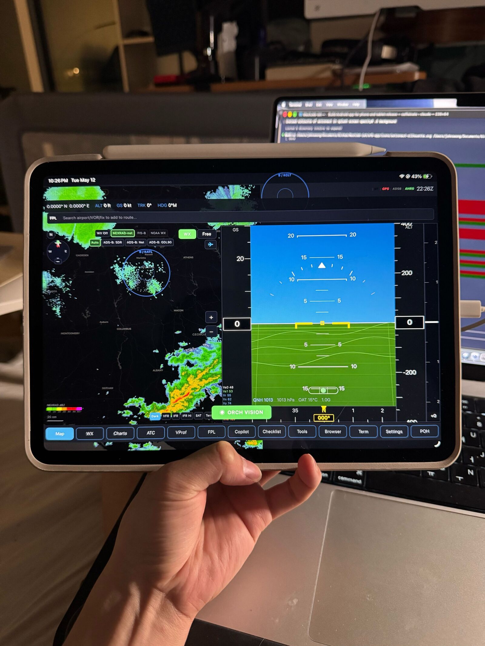 Jebediah sur iPad — carte mobile, NEXRAD et indicateur d'attitude Orch Vision